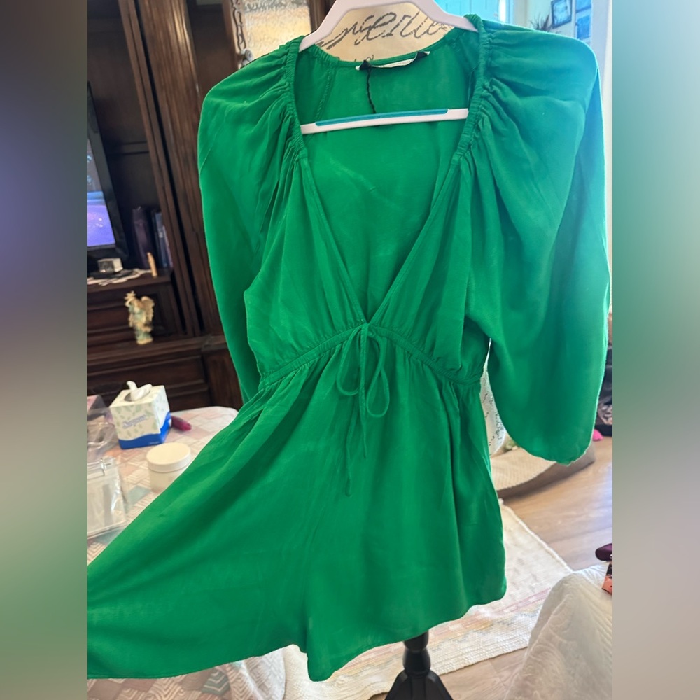 Zara Green Puff Sleeve Ruched romper xs nwot #25